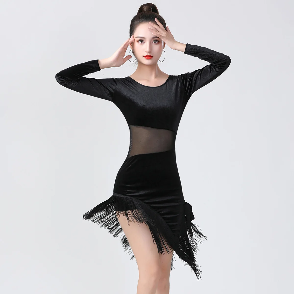 Black Latin Dance Dress Short-sleeve Latin Dance Tassel one-piece dress for women female Ballroom tango Cha Cha Rumba Costumes