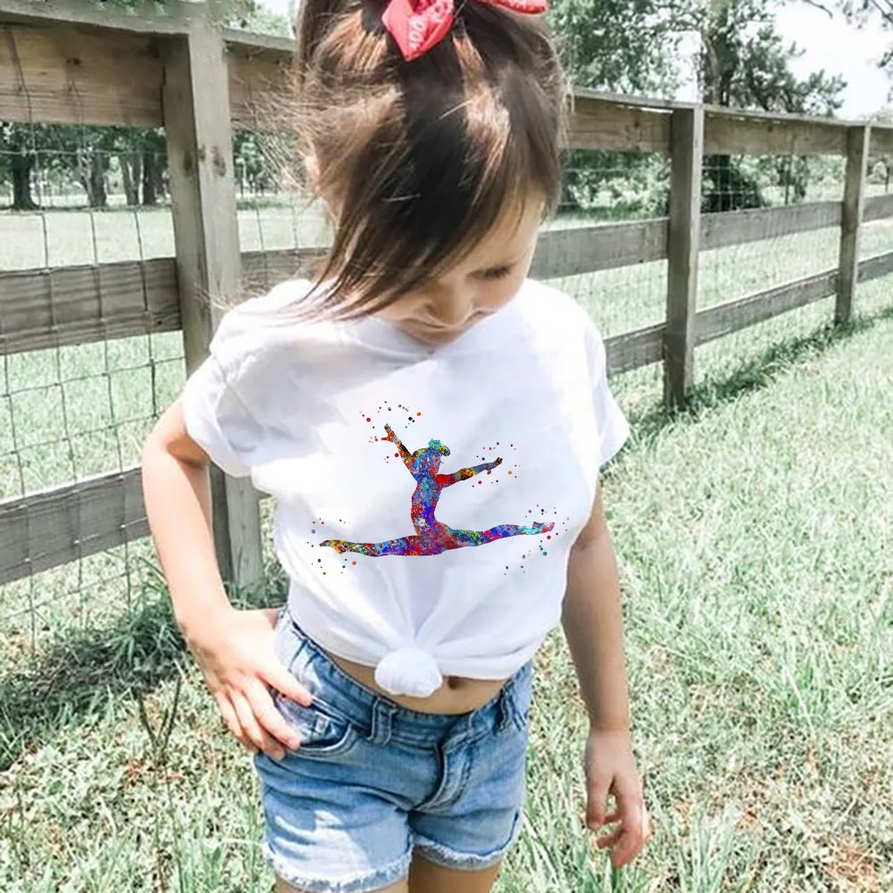 

Gymnastics Dance Watercolor Childrens T-shirt Sports Tumbling Girl Casual Top Toddler Baby Short Sleeve Shirt Kids Crawling Gift