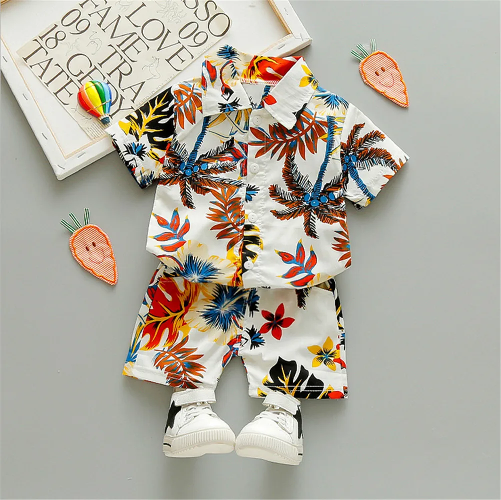 0-5Y Kids Baby Boy Clothes Boho Summer Floral Print Sets 2Pcs Short Sleeve Shirt+Shorts Child Boy Beach Wear Casual Outfits