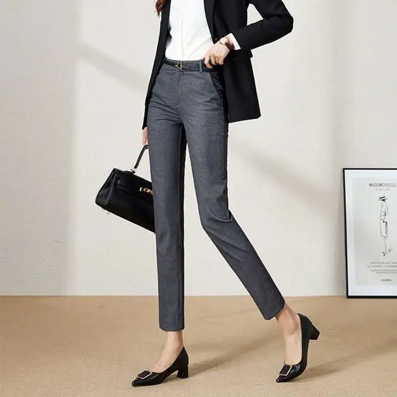 Autumn Winter Gray Suit Pants Women's Office Lady Trousers Professional Work Pants High Waist Ankle-Length Tailored Trousers