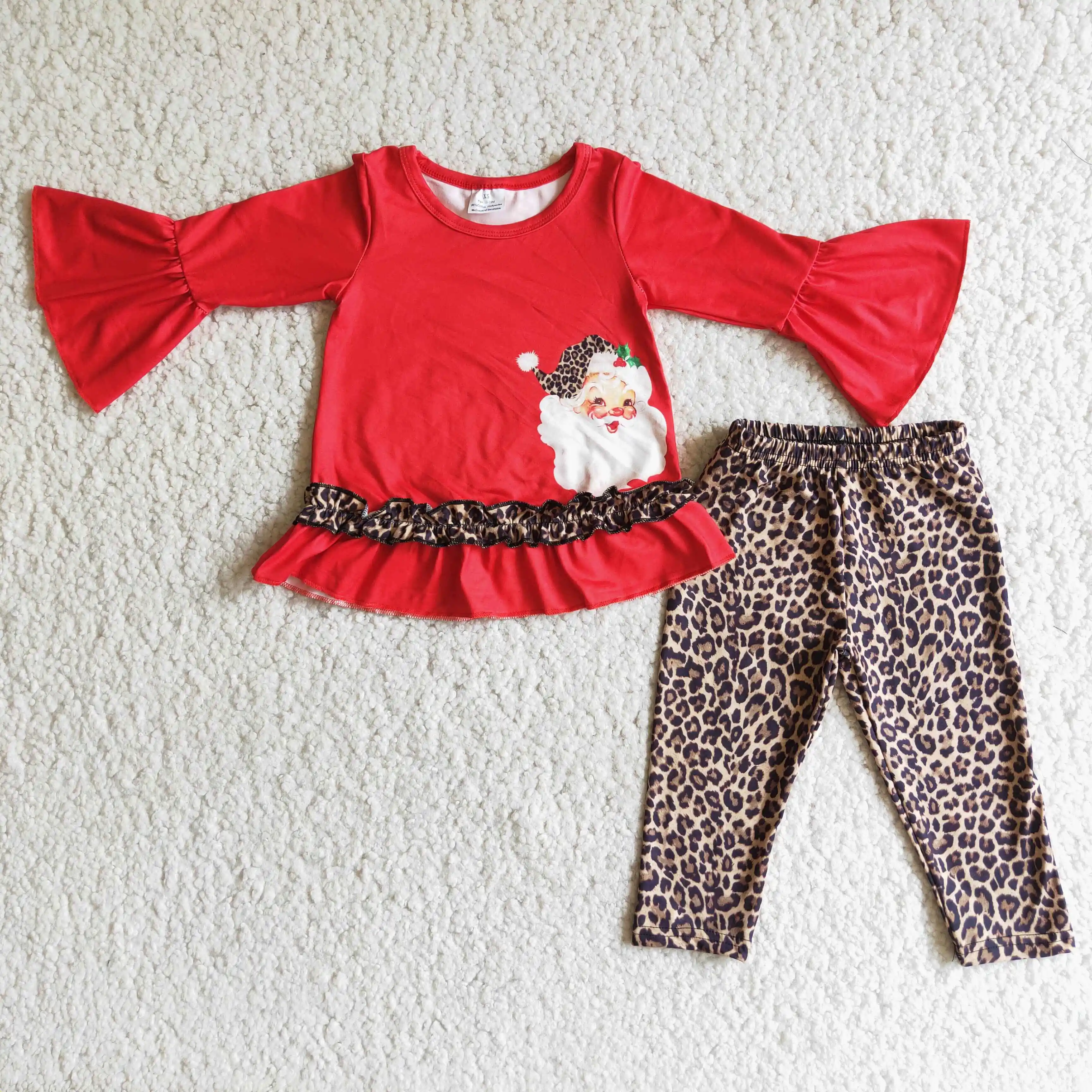 

Boutique design leopard print trousers red ruffled long sleeved blouse girl fashion santa pattern printing suit kids 2pcs