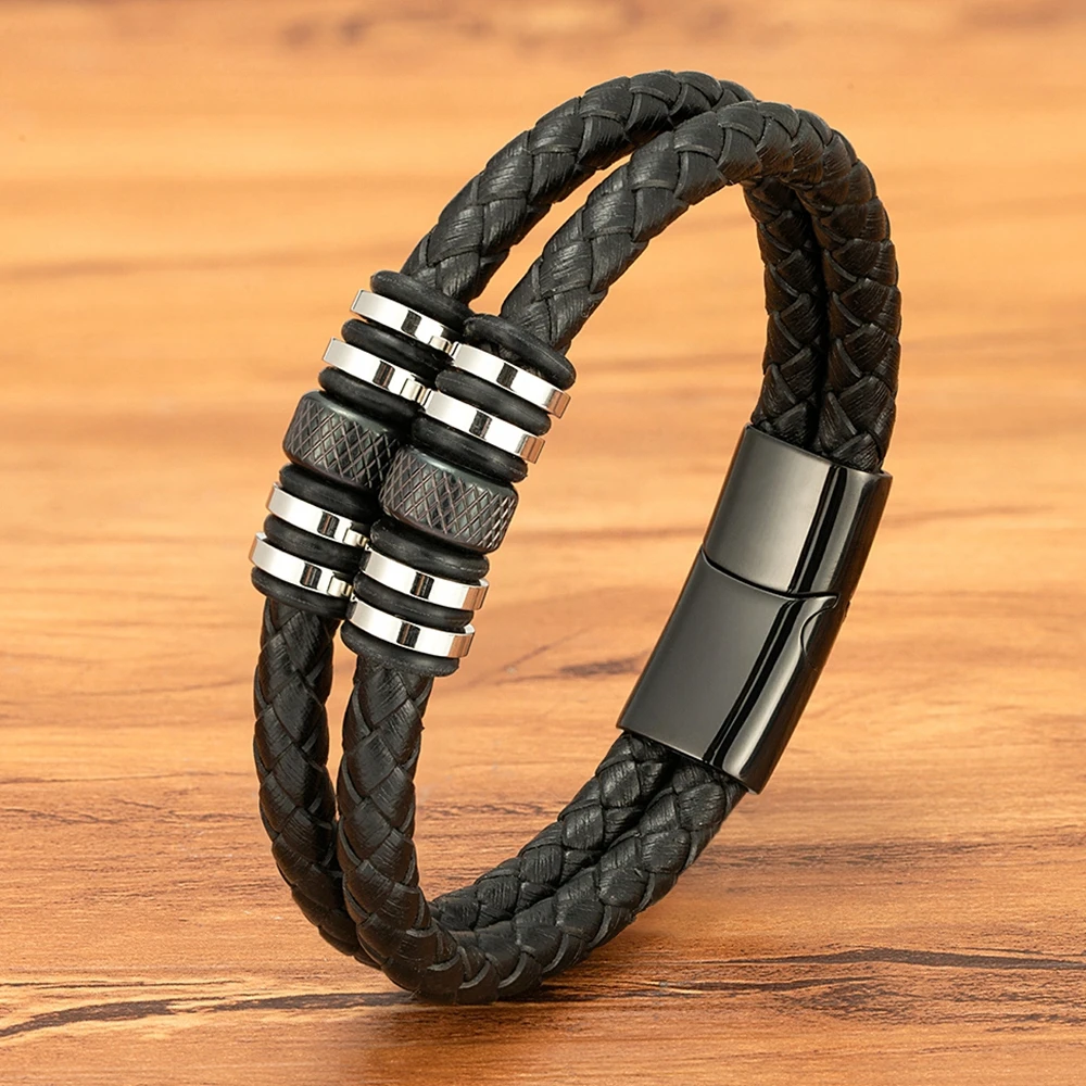 

XQNI Stainless Steel Black Leather Bracelets For Men Fashion Bracelet Bangle Double Layers Braided Male Female Wristband Jewelry