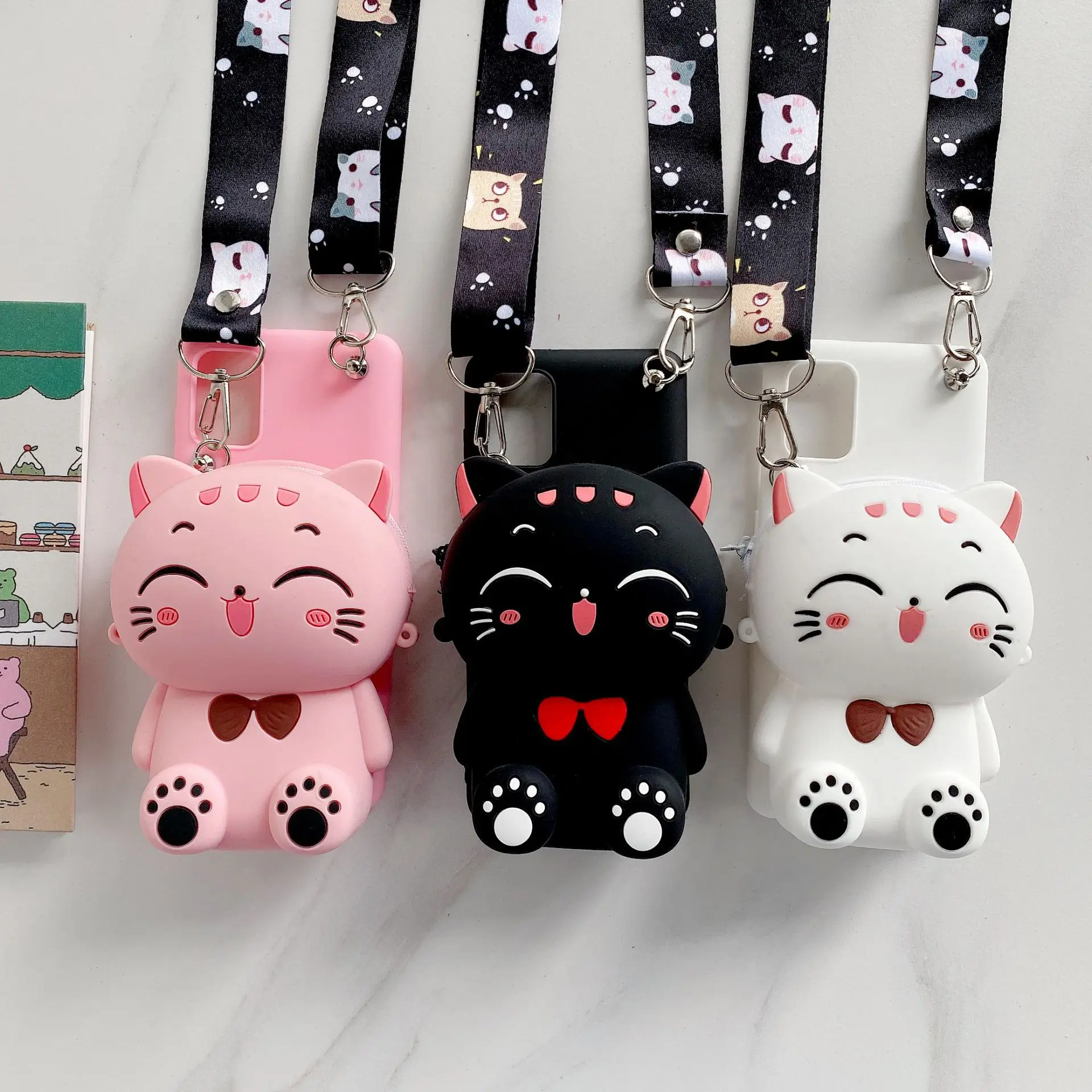 Cartoon 3D Cat Coin Wallet Case For Apple iPhone 15 14 13 12 mini 11 Pro 6 6S 7 8 Plus XR XS Max Cute Bags Cover With Rope