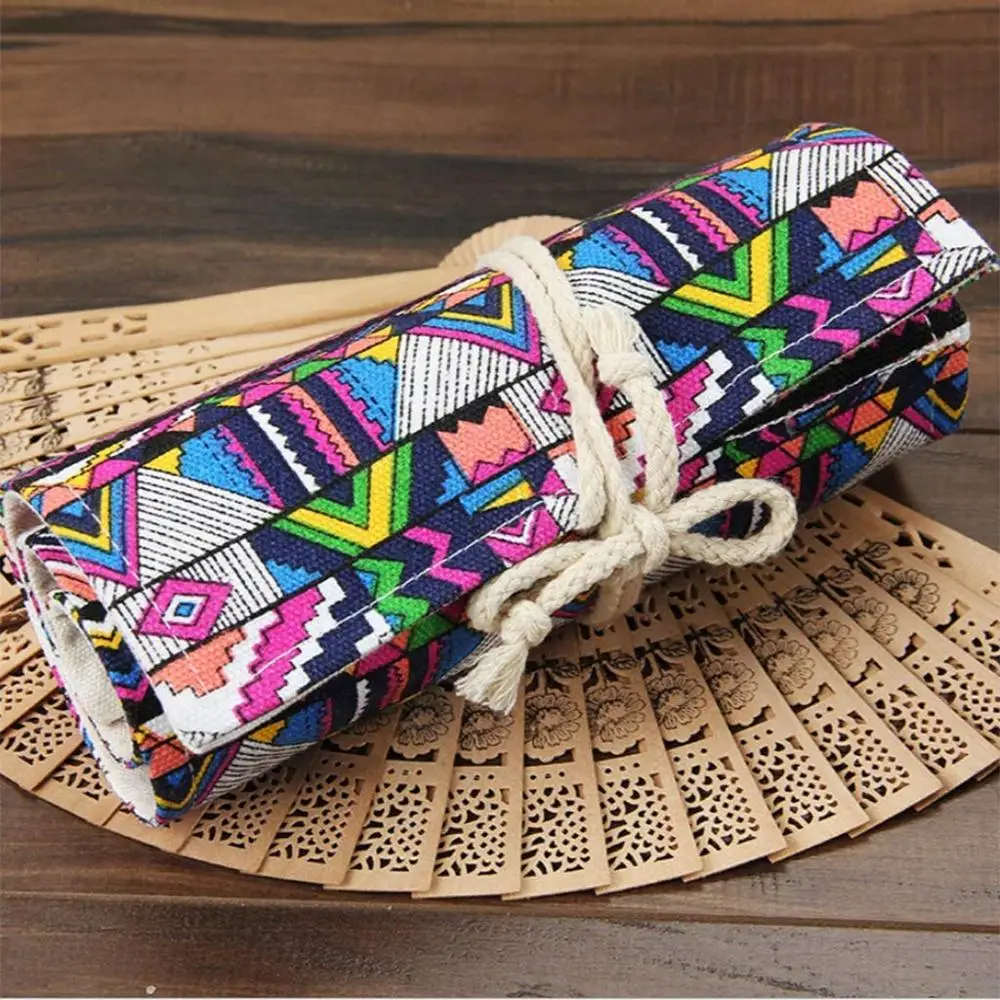 48 Holes Binder Organizer Pen Collector Curtain Gift Office Canvas Ethnic Style Large Capacity Roll Pencil Bag Art Pen pouches