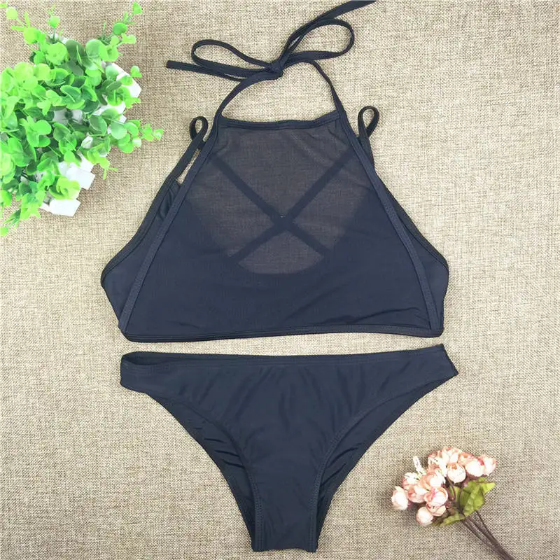 Mesh Bikini Black Swimwear Women Low Waist Swimsuit Female Sexy Bathing Suits Bikini High Neck Swimming Costumes Plavky Biquini