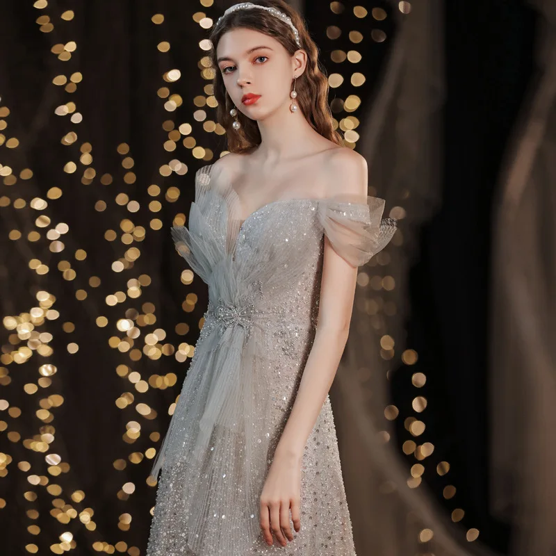 Gorgeous Formal Evening Dress Strapless Off Shoulder Delicate Sequins Backless Bandage Slim A Line Female Banquet Dress