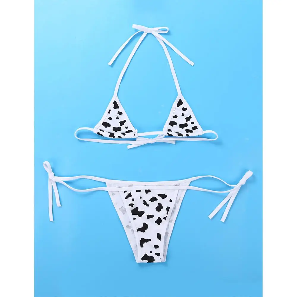 Ensemble de bikini de style kawaii pour femmes, mini bikini à pois ou à rayures, sous-vêtements, soutien-gorge à col licou, haut avec slip