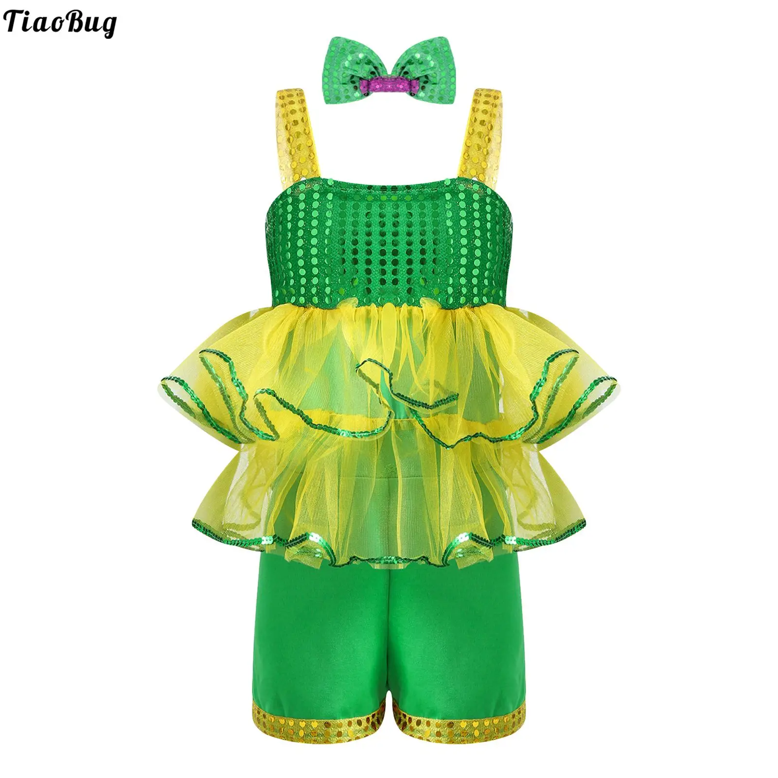 Kids Girls Modern Dance Performance Costume Straps Sleeveless Sequins Layered Mesh Adorned Short Jumpsuit With Bowknot Hairpin