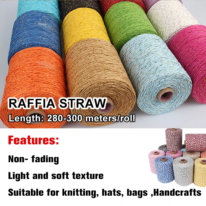 280M Raffia Straw Gold Line Cotton Yarn Crochet Yarn For Diy Knitting Summer Straw Hat Handbags Cushions Hand Woven Straw Yarn