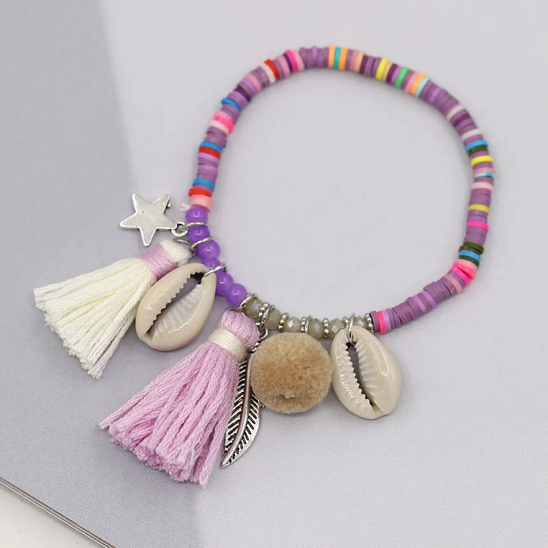 Boho Bracelet Women\'s Fashion Handmade Jewelry Colorful Clay Beads Tassel Shell Bracelets Female Girls Gifts