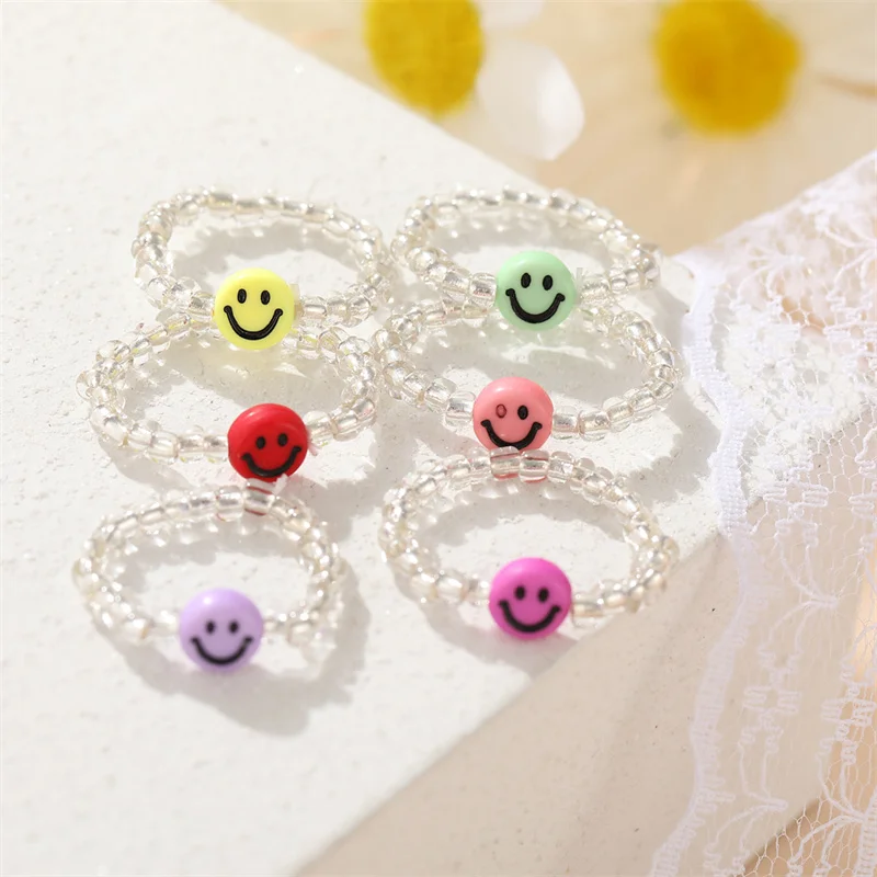 Rainbow Flower Bead Ring Fashion Trendy Bohemian Handmade Multi Color Smile Transparent Rice Beads For Women Girls Jewelry Gift