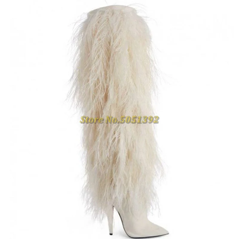 Feather White Winter Boots Sexy Pointed Toe Thin High Heel Over The Knee White Leather Hairy Runway Dress Long Boots Custom Made