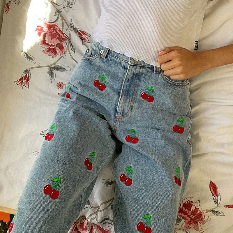 New Spring high street Women jeans fashion Embroidered Cherry Denim pants y2k vintage High Waist Casual Straight-leg trousers