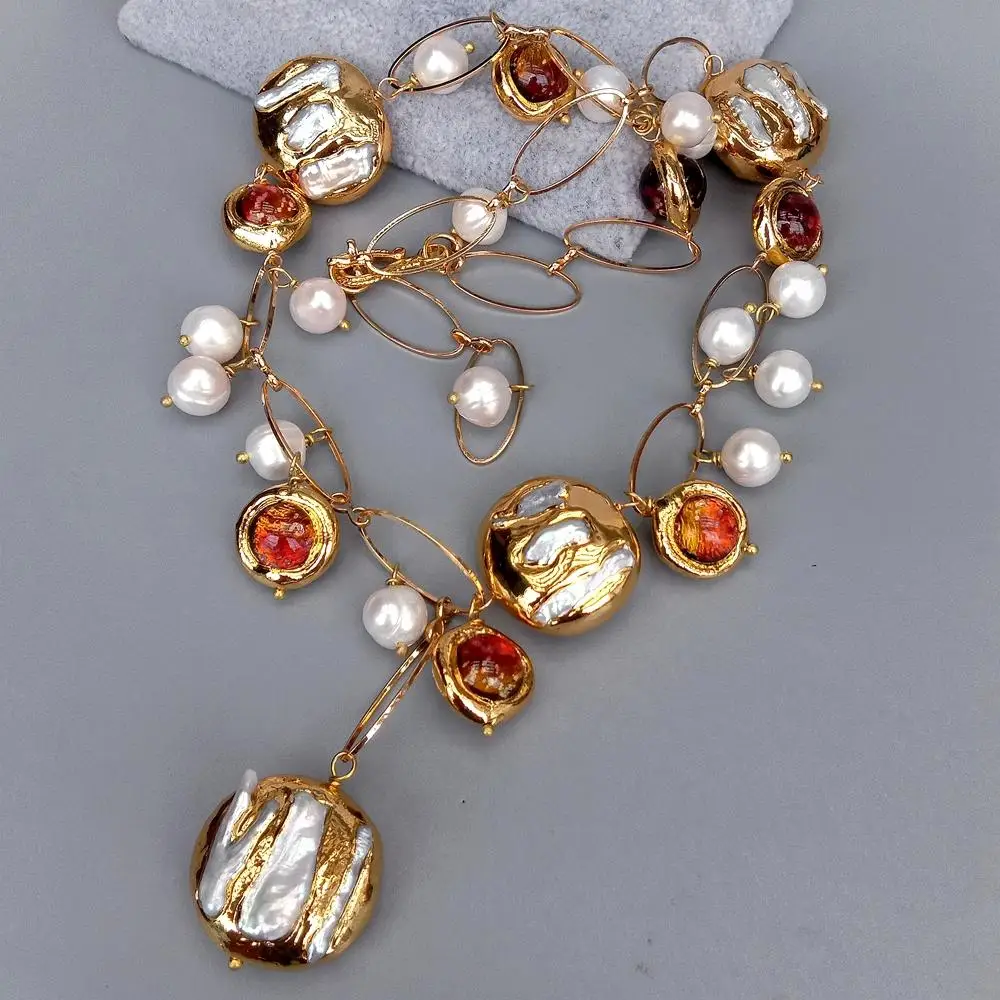 Y.YING Freshwater Cultured White Biwa Pearl Brown Murano Glass Chain Pearl Y-Drop Necklace 21\