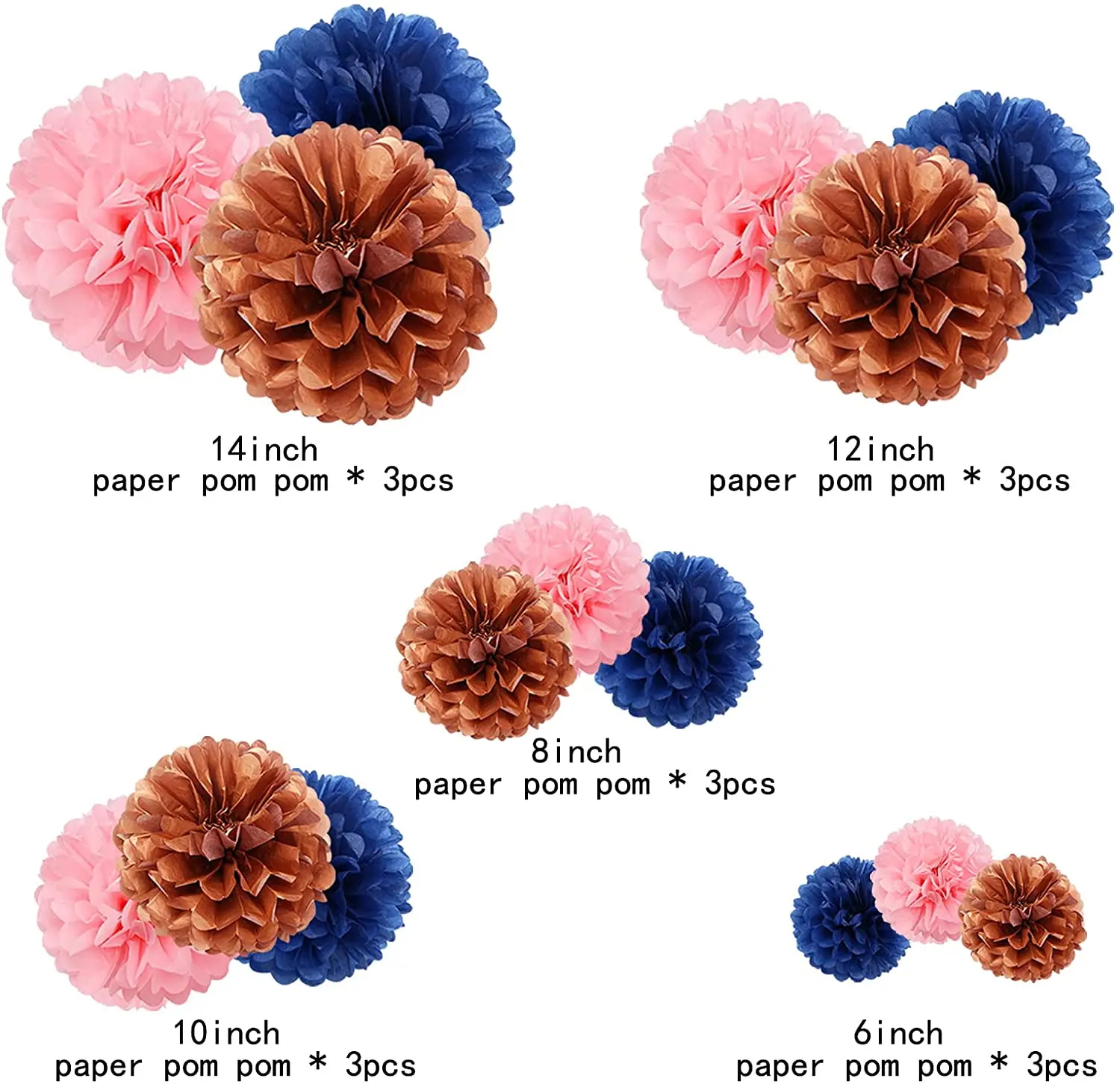 15pcs 5 Size Navy Blue Pink Rose Gold Paper Flowers for Birthday Bachelorette Bridal Shower Room Decor