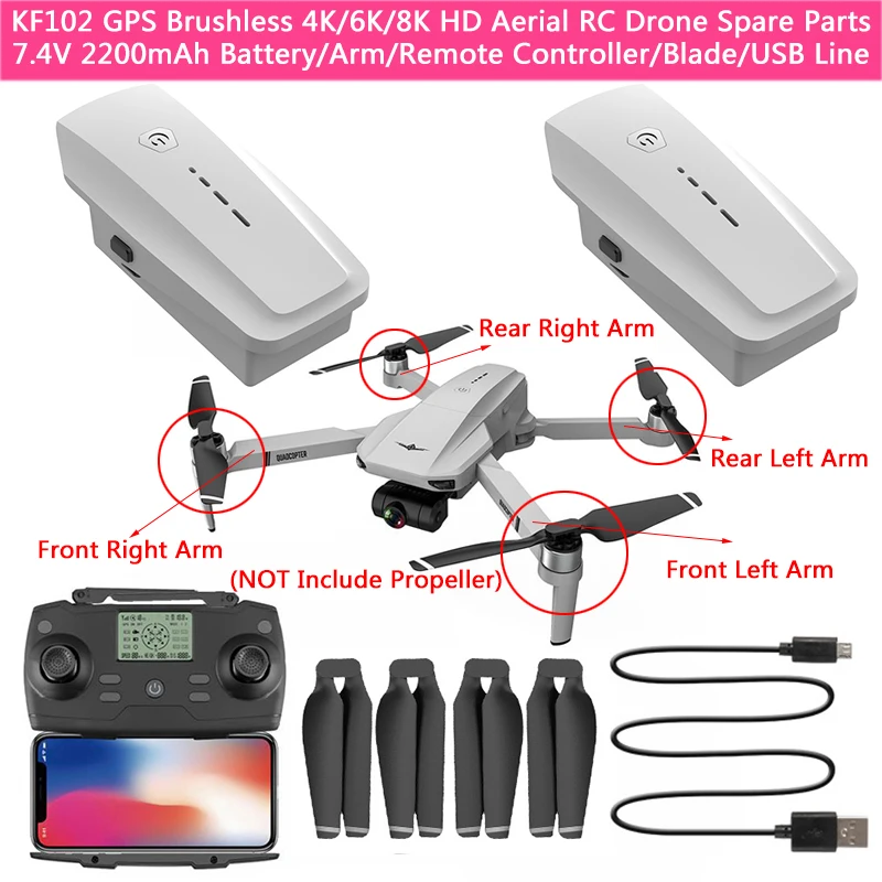 KF102 GPS Brushless 4K/6K/8K HD Aerial RC Drone Spare Parts 7.4V 2200mAh 25Min Battery/Remote Controller/Propeller/Arm/USB Cable