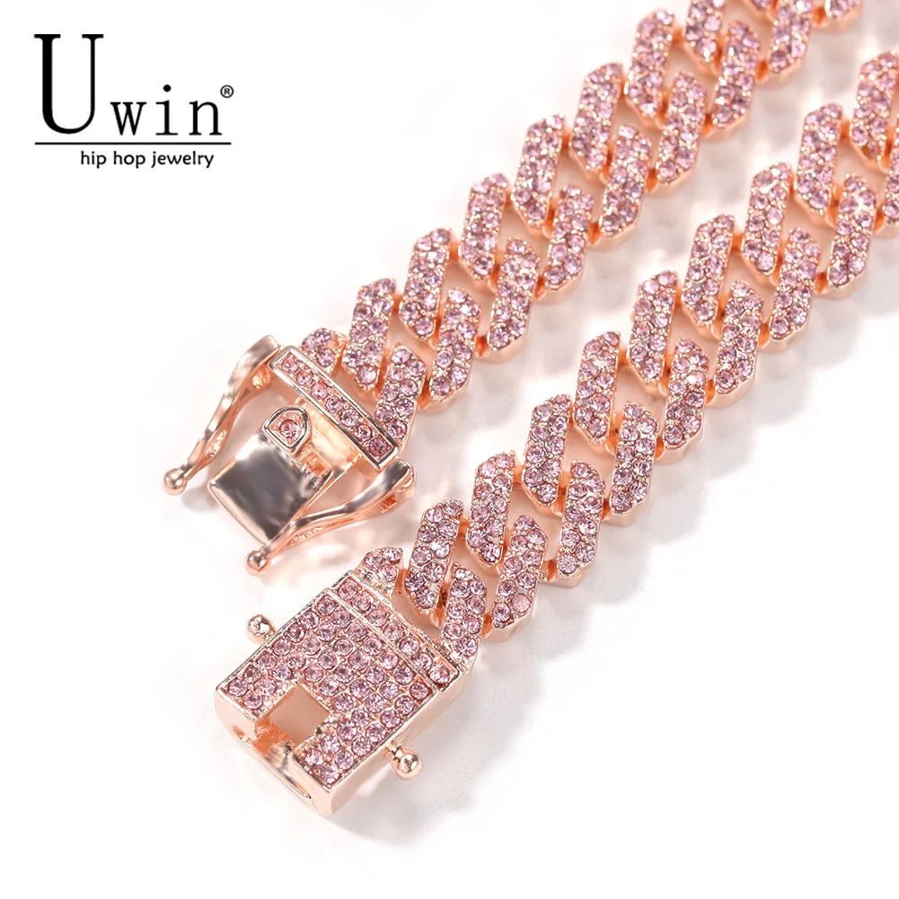 

Uwin 25pcs S-Link Miami Rose Gold 12mm Cuban Link Pink Rhinestone Necklace Chain Full Bling Punk Bling Charm Hiphop Jewelry