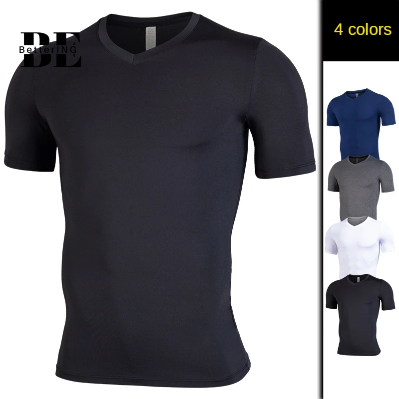 2021 New Fitness Wear Men's Elastic Quick-dry Tights Training Breathable V-neck Casual Sportswear Short Sleeve T-shirt Summer