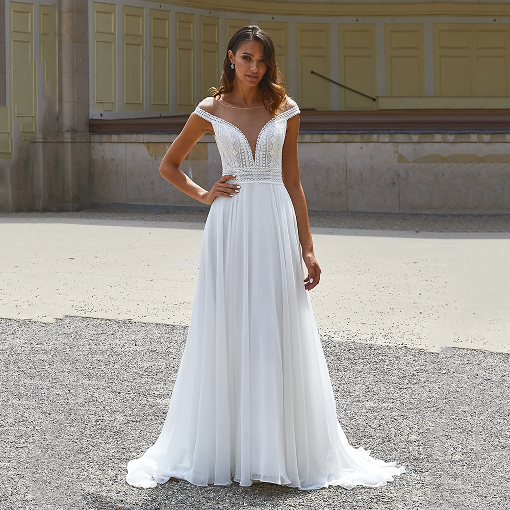 Elegant Chiffon Beach Wedding Gowns Cap Sleeve Scoop Neck Bohemian  Dress Sweep Train A Line Bridal Dresses