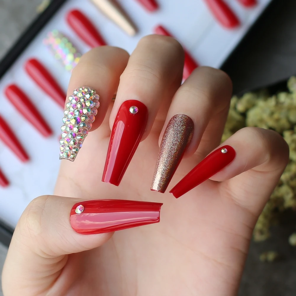 Luxury Long Coffin shape Red UV holographic cryatal combo nails press on chaya red nails Box display, gift