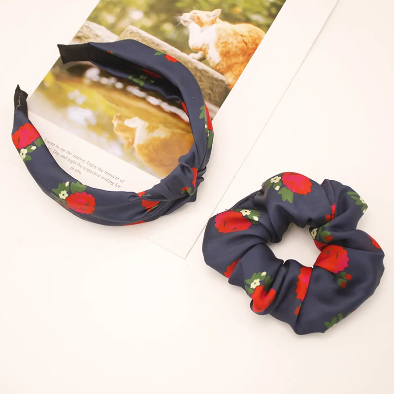 Lystrfac New Vintage Rose Floral Hairband Scrunchie for Women Girls Headband Wide Hair Hoop Set Female Headwear Hair Accessories