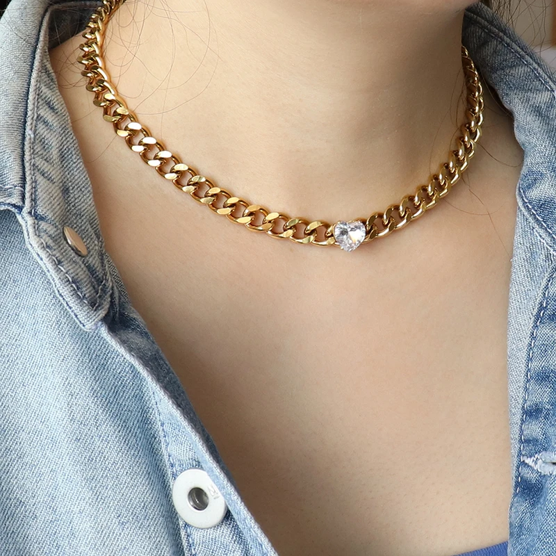 

Thick Chain Stainless Steel Statement Necklace Choker Punk Cuban Chain Luxury Heart Pendant Necklace Fashion Women Jewelry Gift