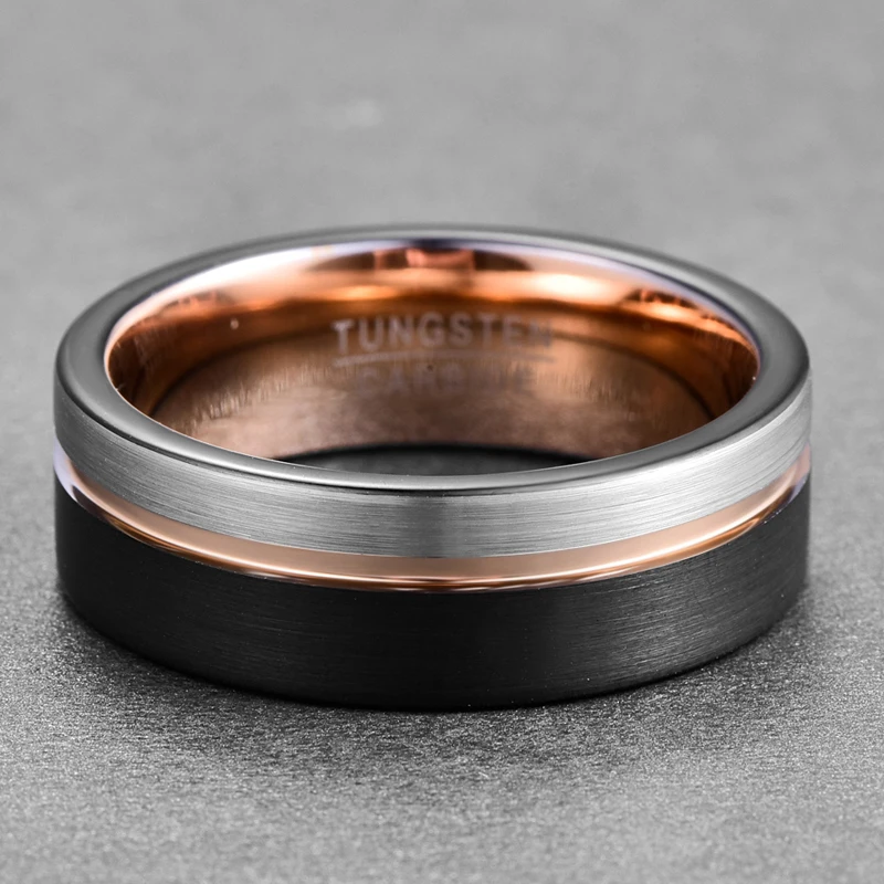 JQUEEN Rose Gold Color Groove Woman Men\'s Tungsten Carbide Ring Classic Wedding Brushed Black Male Jewelry Rings For Band