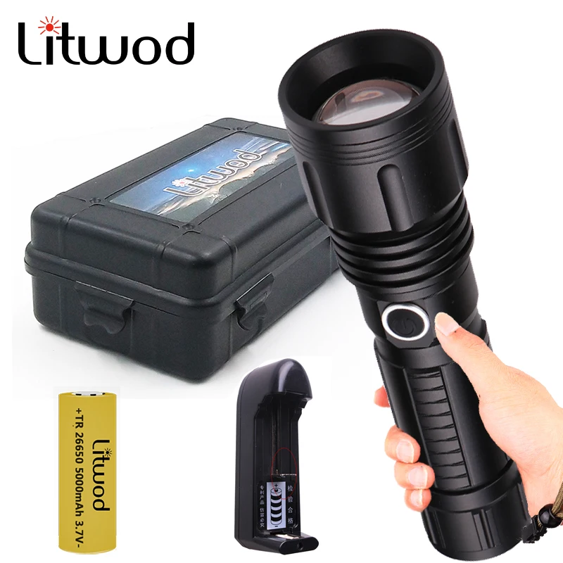 

XHP70 Powerful Led Flashlight Torch Aluminum Zoomable Waterproof IPX6 Litwod Power 18650 or 26650 Battery Flash Light Bulbs 20W