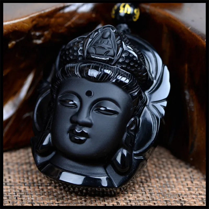 Natural Stone Quartz Crystal Black Obsidian hand Carved Guanyin Head Lucky Amulet Pendant for diy Jewelry making necklace