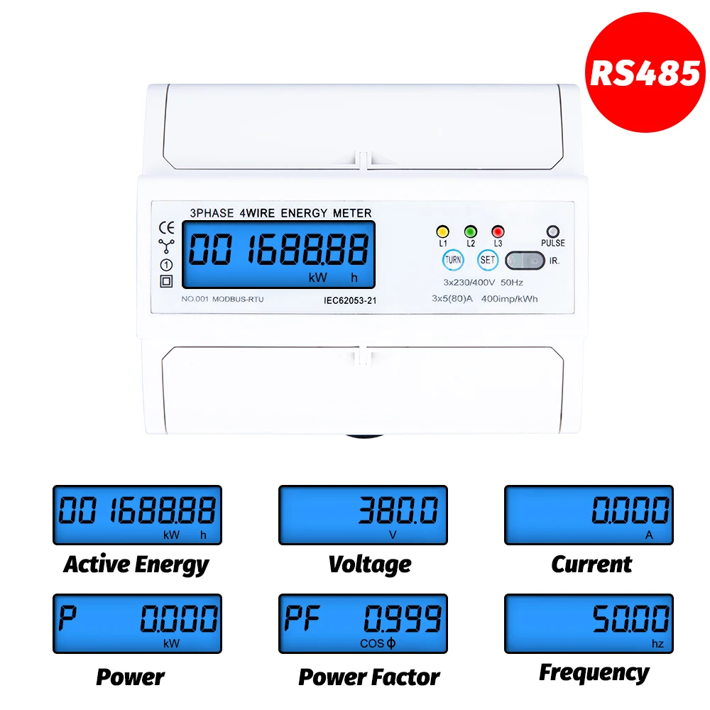 Din Rail Electric Three Phase Energy Meter RS485 kWh Consumption Power Voltage Current Wattmeter Monitor Modbus-RTU 380V 400V