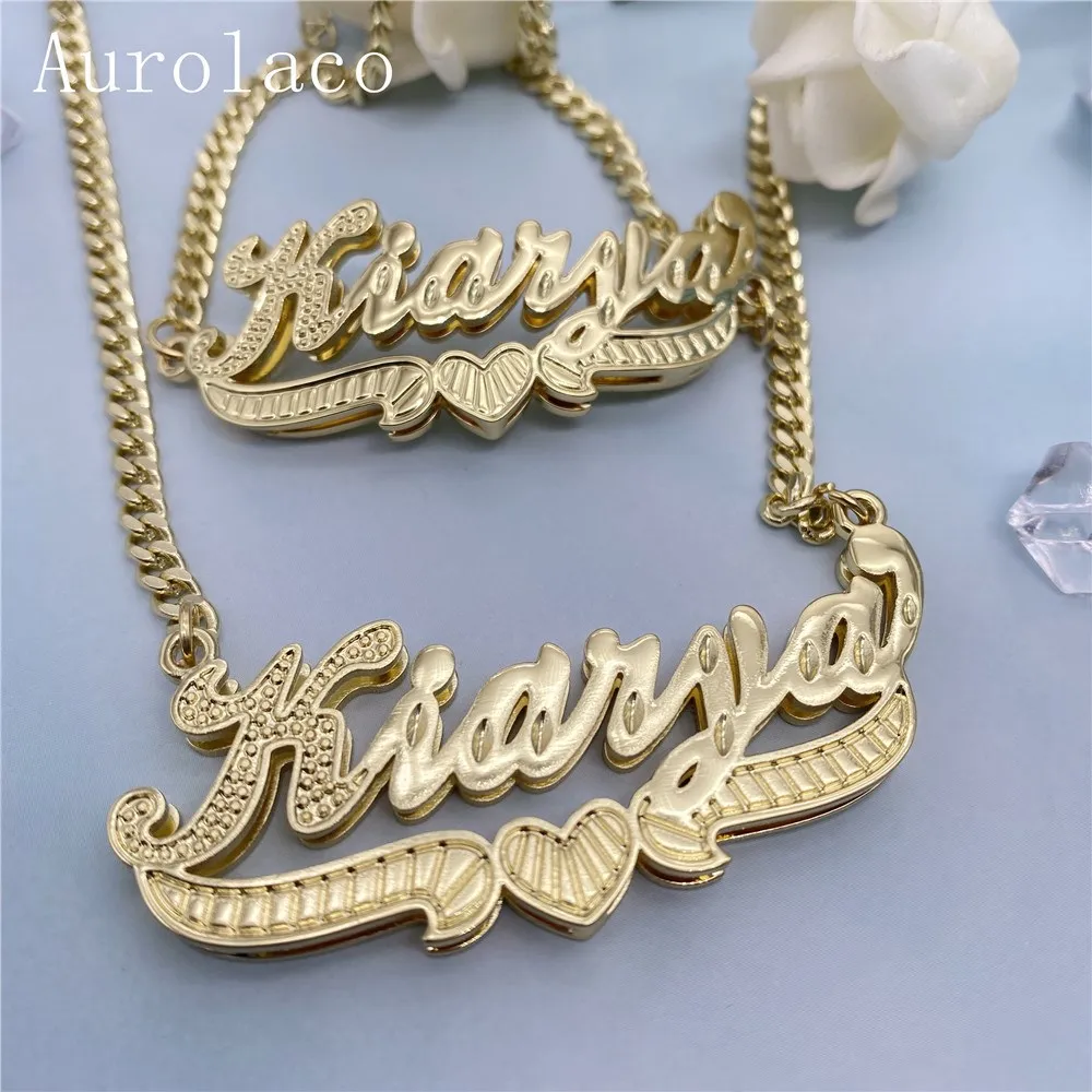 Imagem -02 - Aurolaco Nome Personalizado Conjunto de Jóias Colar Nome Personalizado Pulseira de Ouro 3d Duplo Nameplated Colar para Presentes Femininos