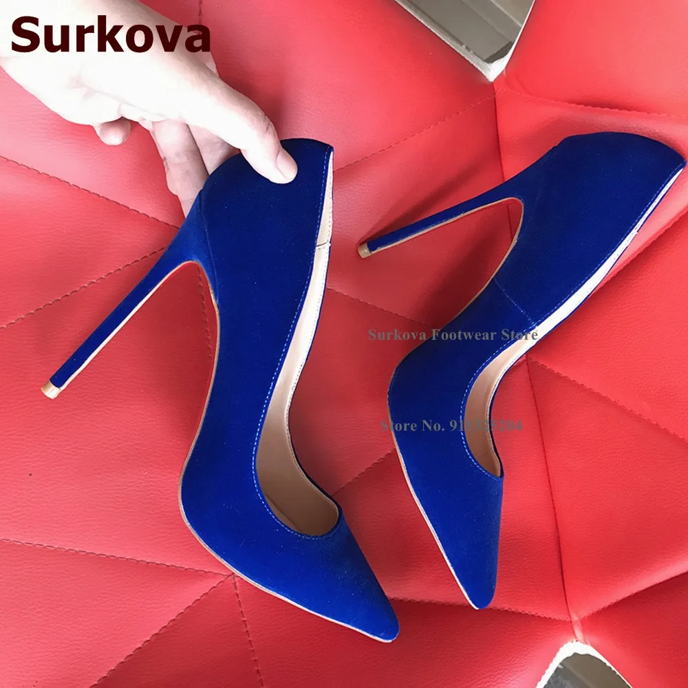 Surkova 12cm High Heel Suede Wedding Shoes Purple Red Blue Shallow Cut Pointed Toe Dress Pumps Slip-on Banquet Shoes Size45