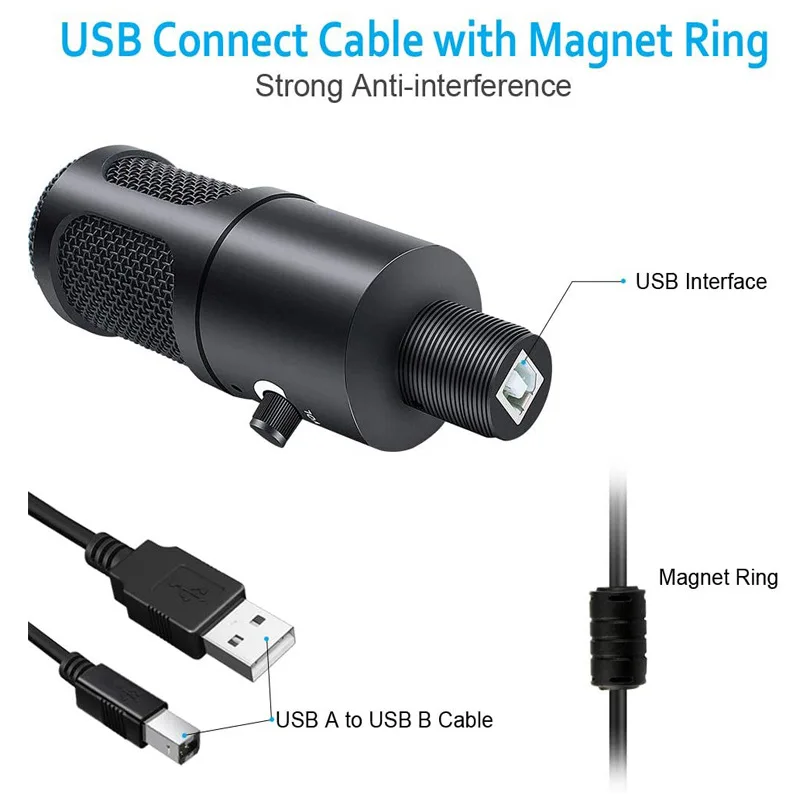 Novo estúdio condensador microfone usb com fio karaoke mic computador microfones choque montagem + espuma tampa cabo para tiktok computador notebook