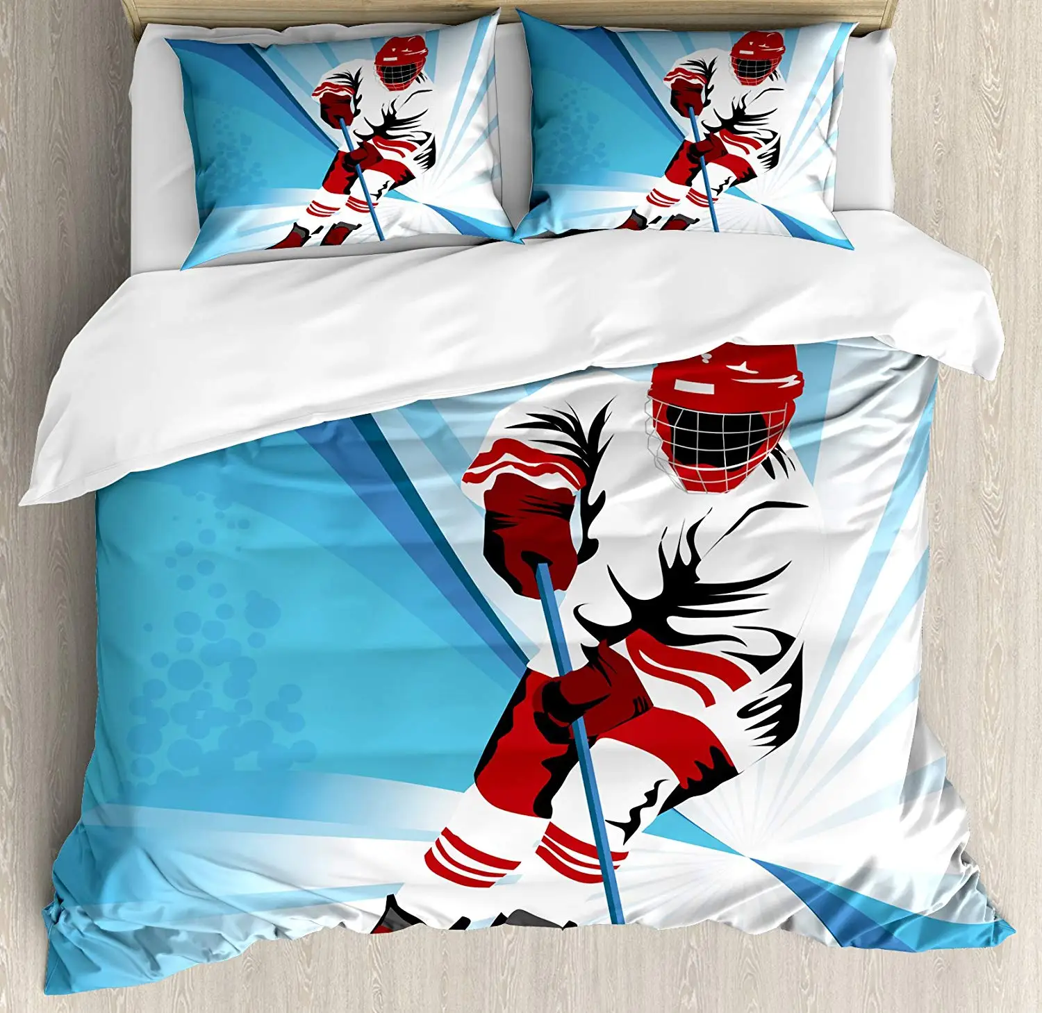 Hockey Duvet Cover Set Hockey Player Makes a Strong Shot on Goal Rival Illustration Abstract Backdrop Decorative 3 Piece Bedding