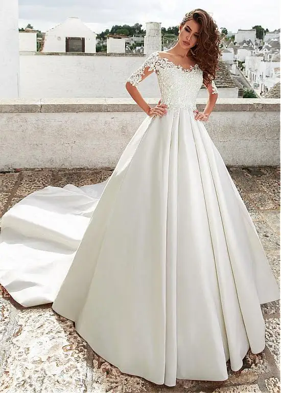 Simple Satin Jewel Ball Gown Wedding Dress With Lace Appliques Long Sleeve BridalGowns High Satin Custom Made  Vestido De