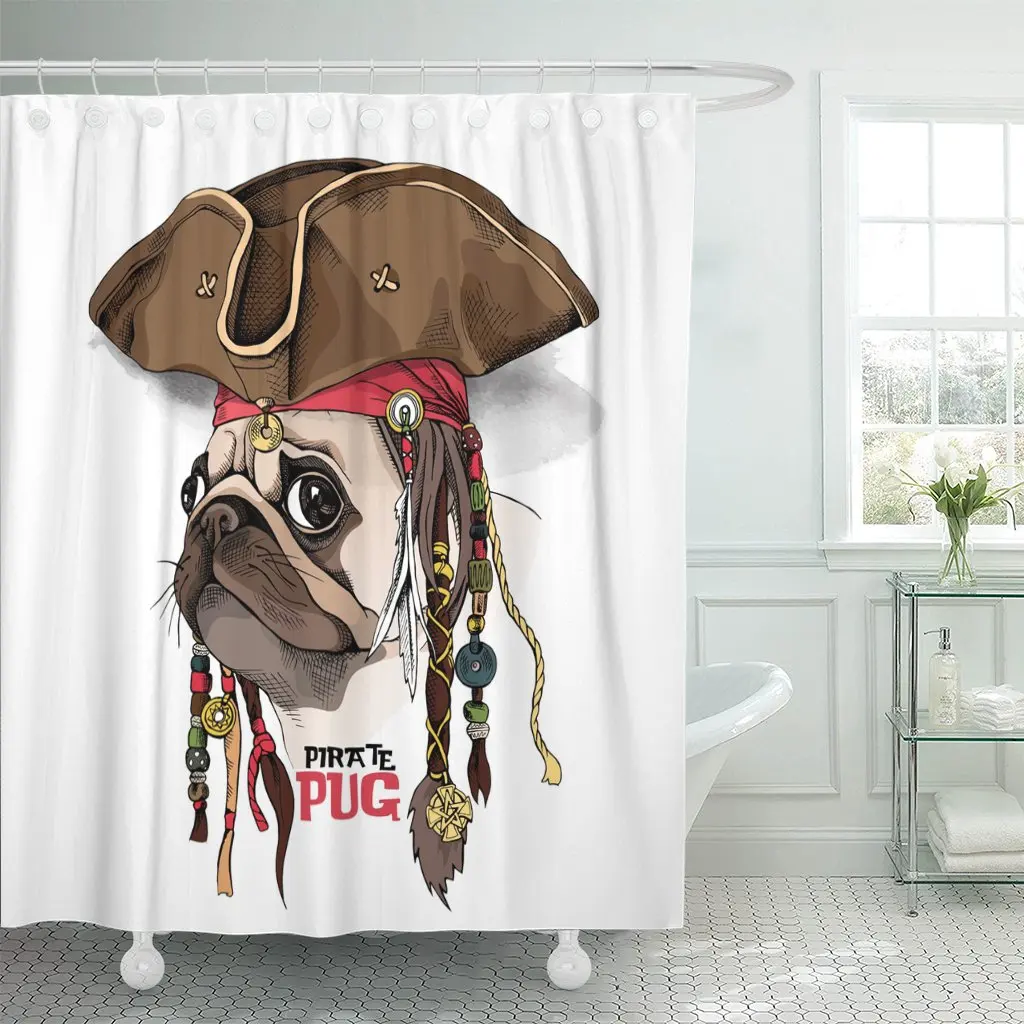 

Brown Dog Portrait of Pug in Pirate Hat Bandana Dreadlocks Fun Head Shower Curtain Polyester 72 x 72 inches Set with Hooks