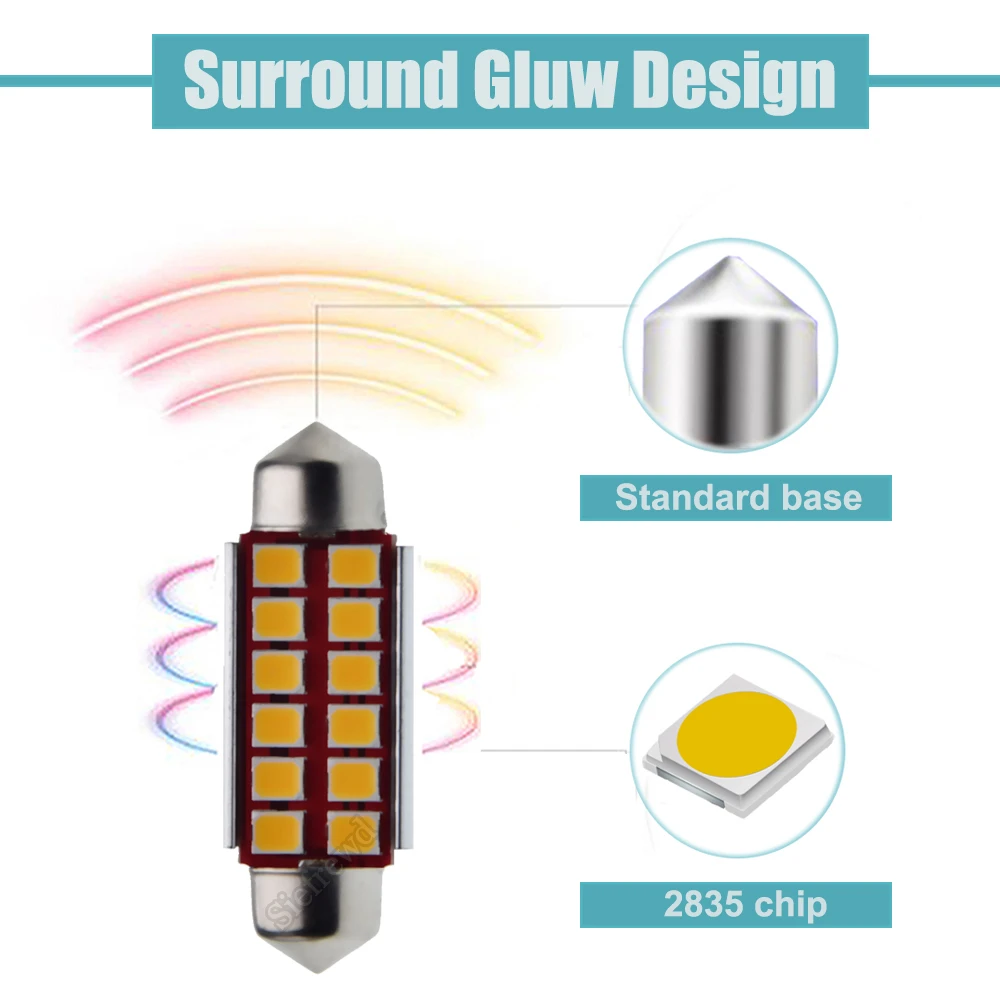 2x Car LED CANBUS Bulb Warm White Festoon 31mm 36mm 39mm 41mm 42mm C5W C10w Reading Lamp Auto Interior Dome Map Light 6V 12V AC