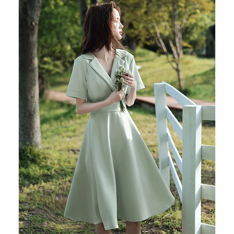 French Style Women Party Dress Fashion V Neck Short Sleeve Banquet Dresses Female Green Elegant Simple Gowns Vestidos