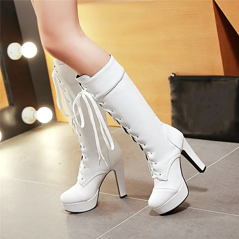 

YQBTDL 2024 Spring Mid Long Cross Tied Lace Up Super High Heel Boots Platform Shoes Spike Heels Riding Knight Botas women shoes