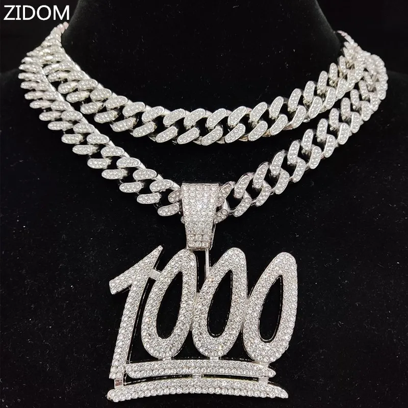 Men Women Hip Hop 1000 Number Pendant Necklace with 13mm Crystal Cuban Chain Iced Out Bling HipHop Necklaces Fashion Jewelry