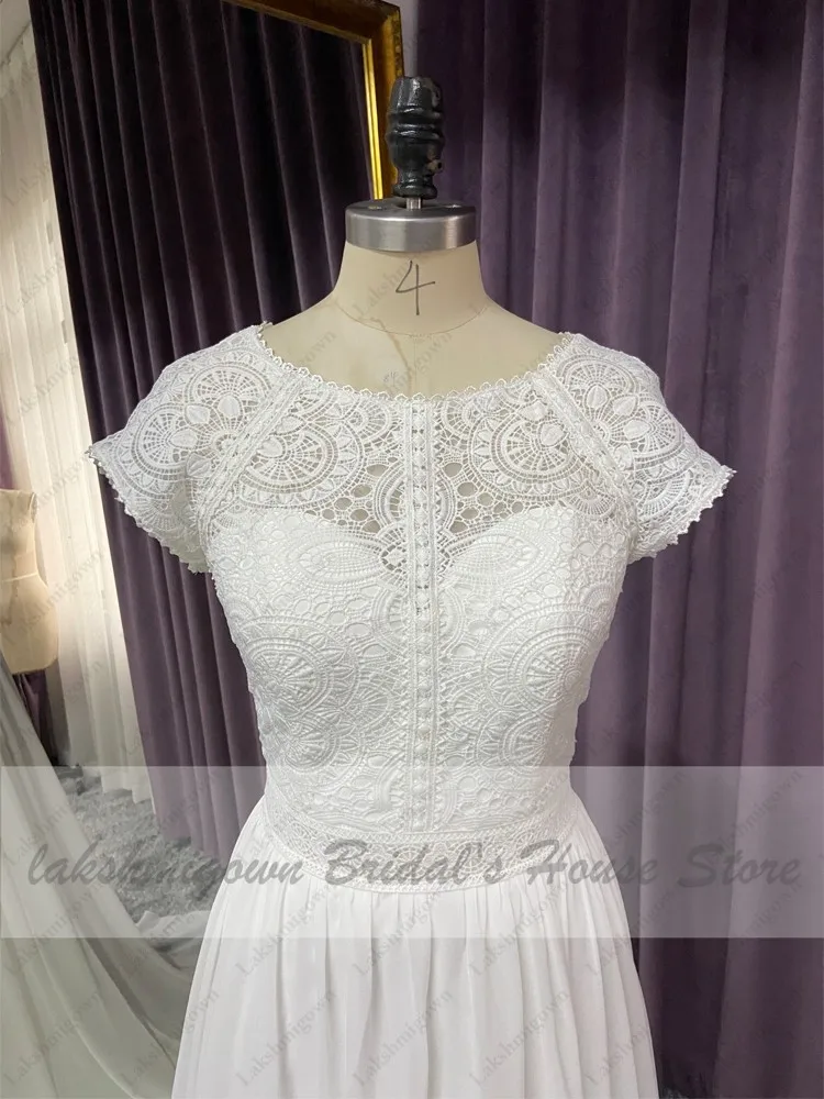 Lakshmigown Chic Bridal Robe Cap Short Sleeve Beach Wedding Dress Lace Bodice 2021 Sexy Chiffon A Line Wedding Dresses Backless