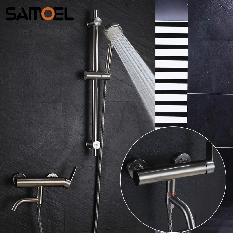 New Arrival Stainless Steel Shower Faucet set Brushed Bathtub Mixer Water Tap with Side Bar and Pressurized shower S1069