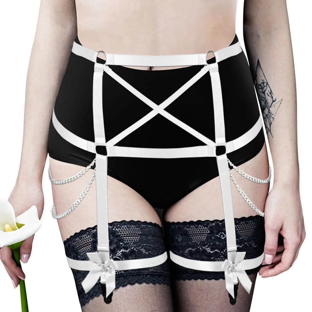 

White Bow Skirt Harness Cage Thigh Goth Punk Metal Ring Adjust Waistband Suspender Sexy Lingerie Dance Rave Body Garter Belt