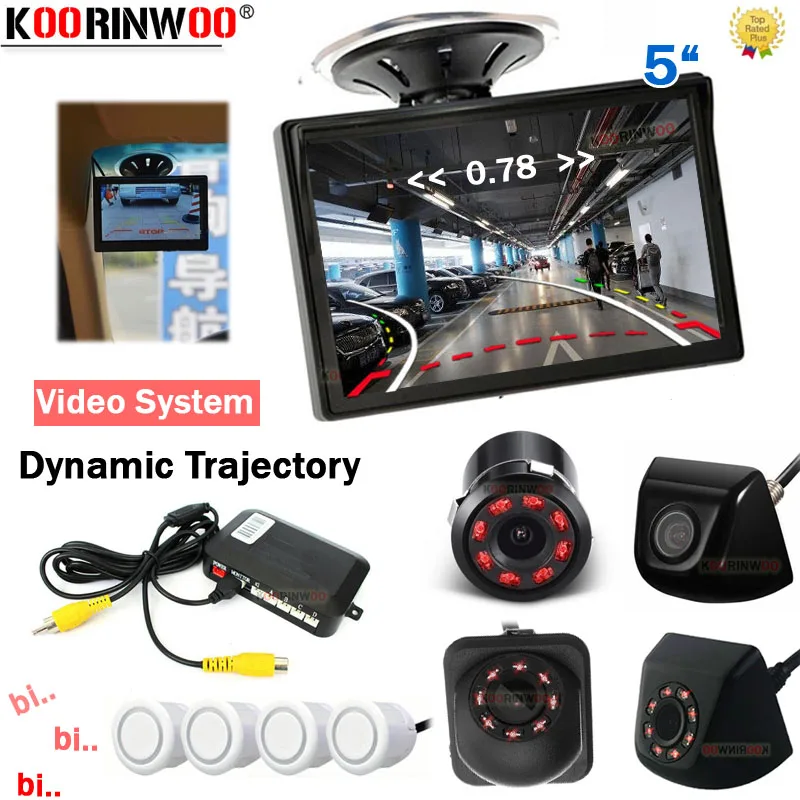 

Koorinwoo Car Dynamic Trajectory Camera With 5" Screen Video System Parking Sensors 4 Rearview camera Buzzer Backup Assistance