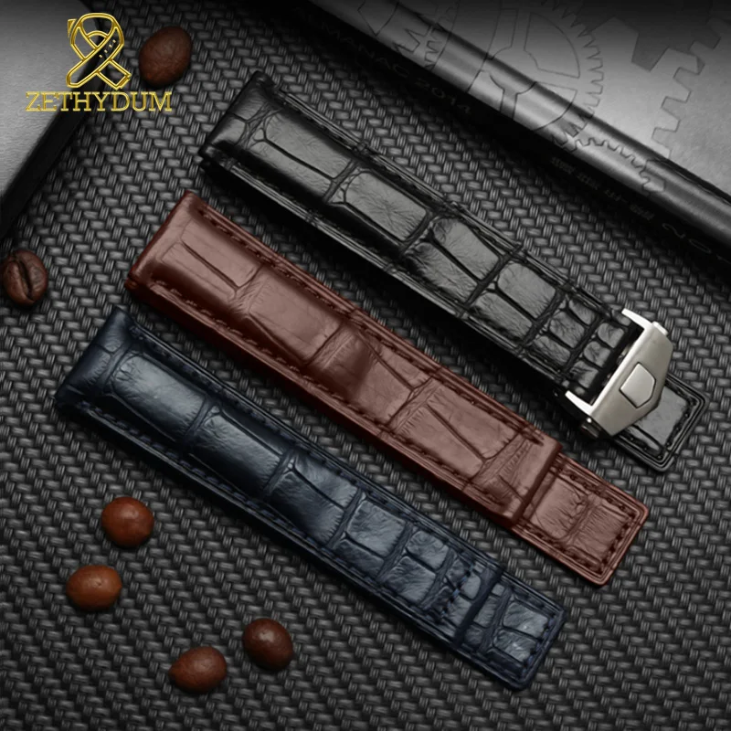 19mm 20mm 22mm for Tag Heuer Watchband Men Wristwatches Band Fold Buckle Cowhide Alligator Strap Black Brown