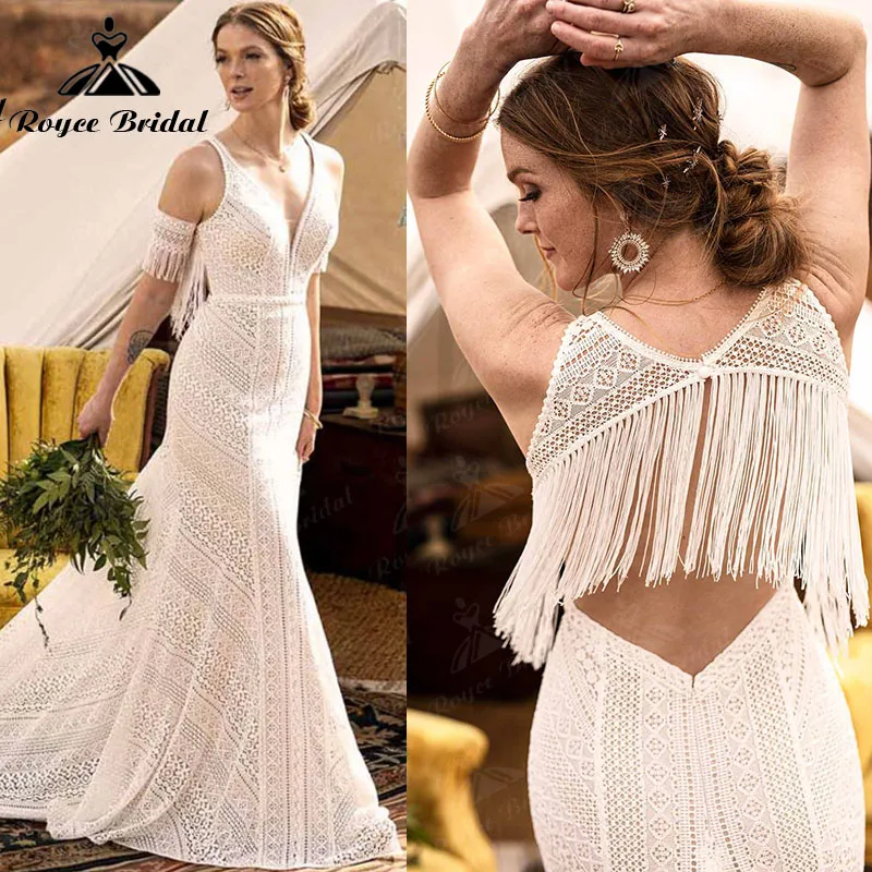 Customized Mermaid Boho Bohemian Wedding Dress Deep V Neck Tank Open Back Lace Off the Shoulder Bridal Gown Abito da sposa 2025