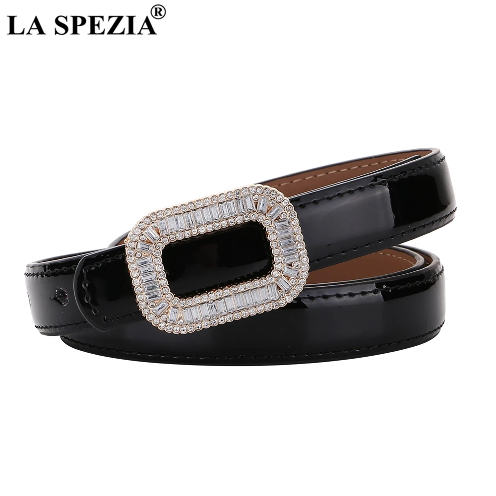 LA SPEZIA Blue Patent Leather Women Belt Rhinestone Buckle Waist Belt Thin Ladies Belts for Dress Fashion Brand Accessories