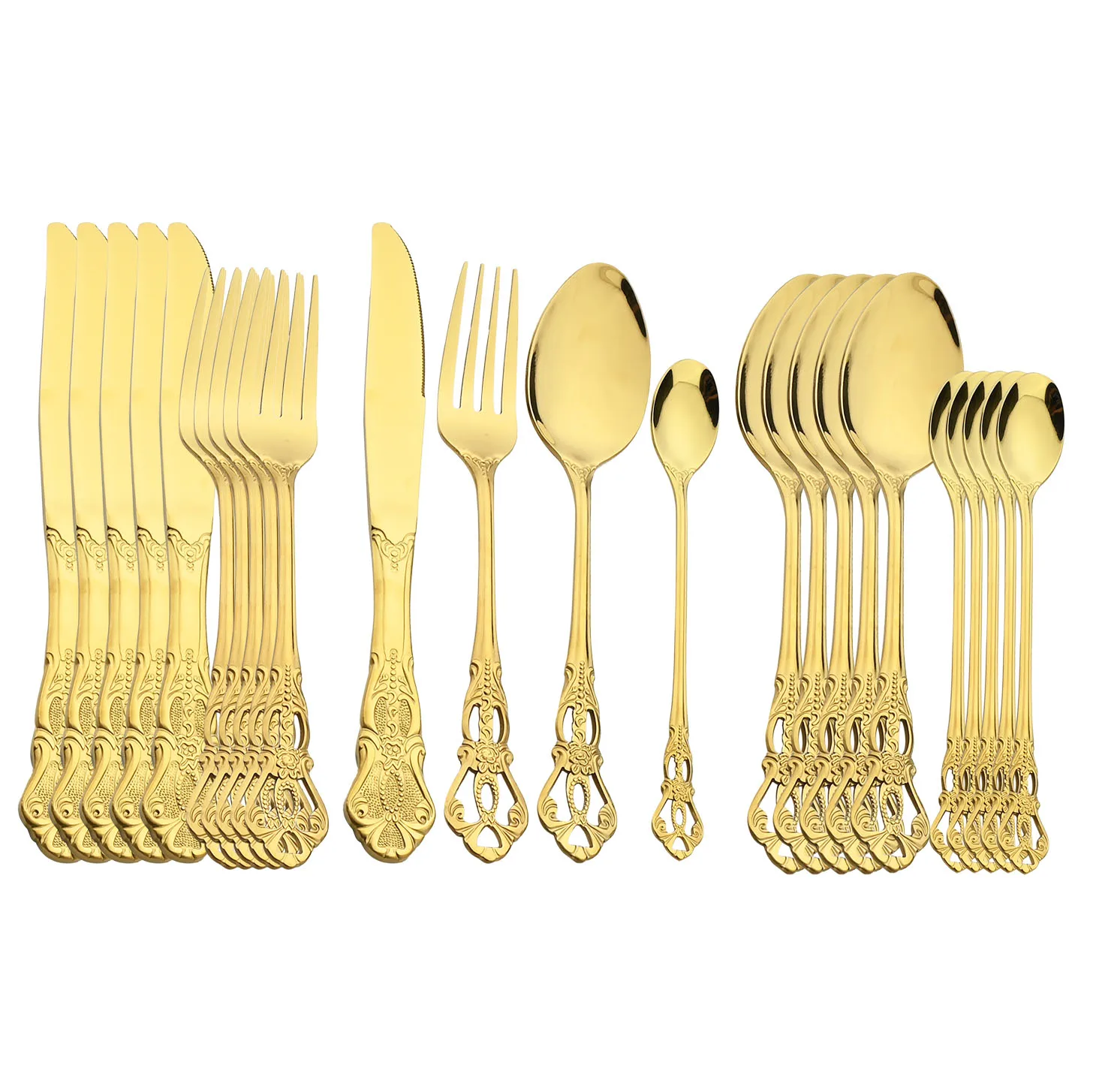 

24Pcs Luxury Flatware Set Engraving Cutlery Set Stainless Steel Dinnerware Set Vintage Western Knife Fork Long Spoon Tableware