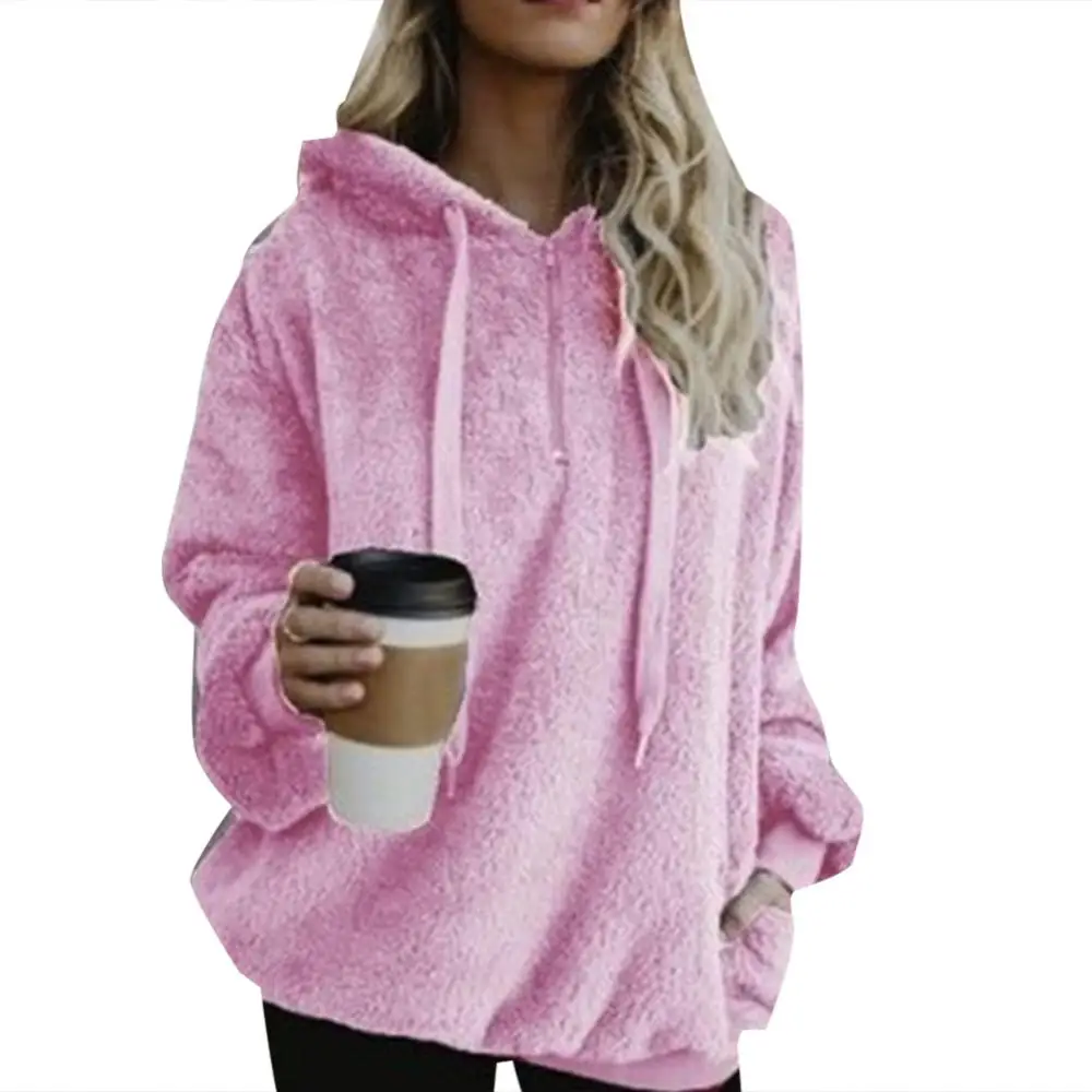 60%HOT Fall Winter Long Sleeve Plush Hooded Shirt Warm Sweatshirt Plus Size Winter Solid Zip Puff Hoodie Women's Hooded Sweatshi