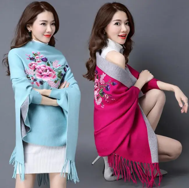 2023 Printed Tassel Knitting Poncho New Fashion Long Batwing Sleeve Swing Sweater Wrap Cardigan Female V Neck